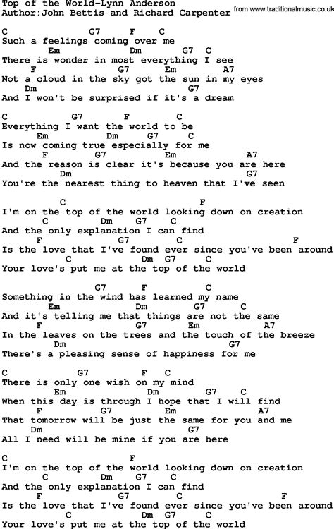 Top of the world lyrics - Become A Better Singer In Only 30 Days, With Easy Video Lessons! Such a feeling coming over me There is wonder in the things I see Not a cloud in the sky, got the sun in my eyes And I won't be surprised if it's a dream Everything I want the world to be Is coming true especially for me And the reason is clear, it's because you are here You're ... 